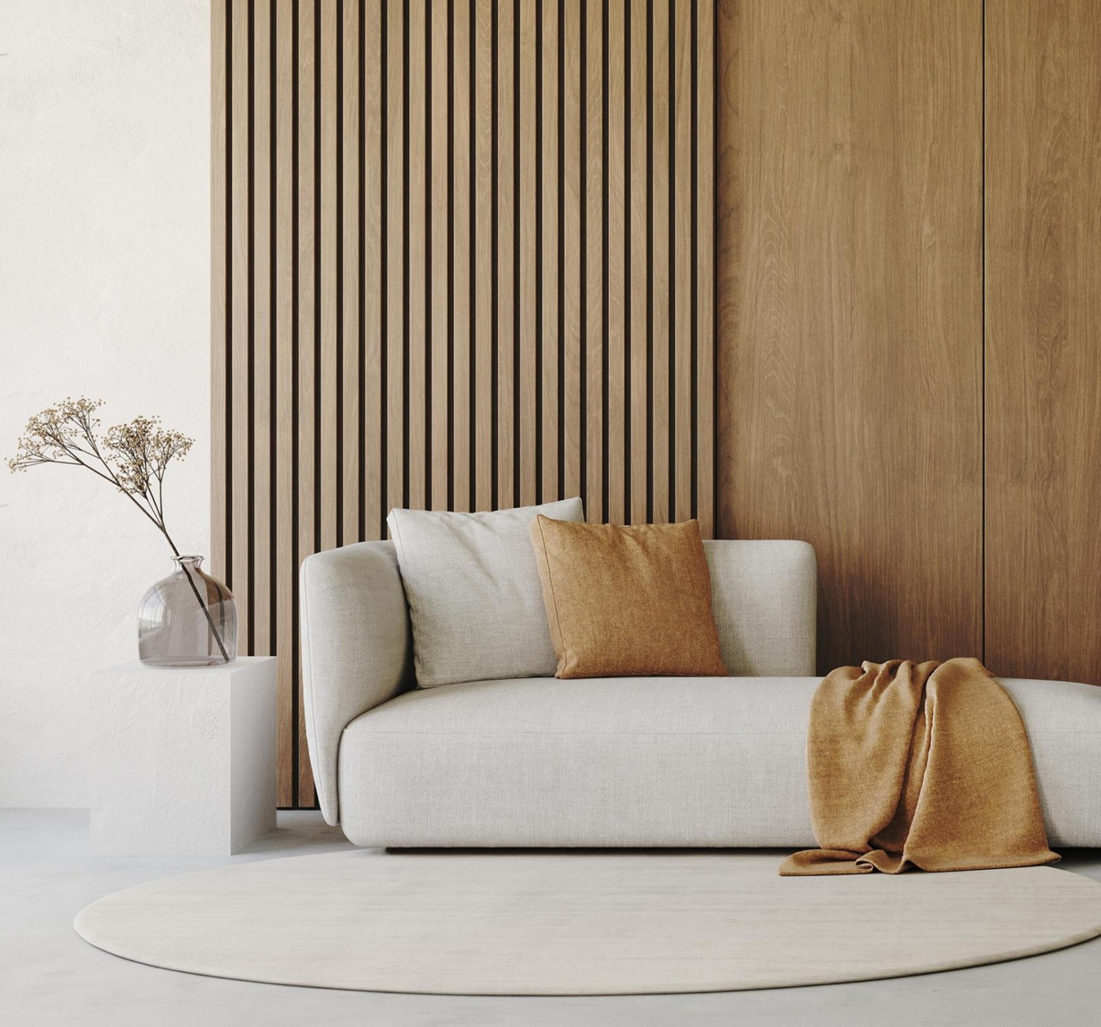 Timber-look slat wall and soft furnishings from the supplied catalogue