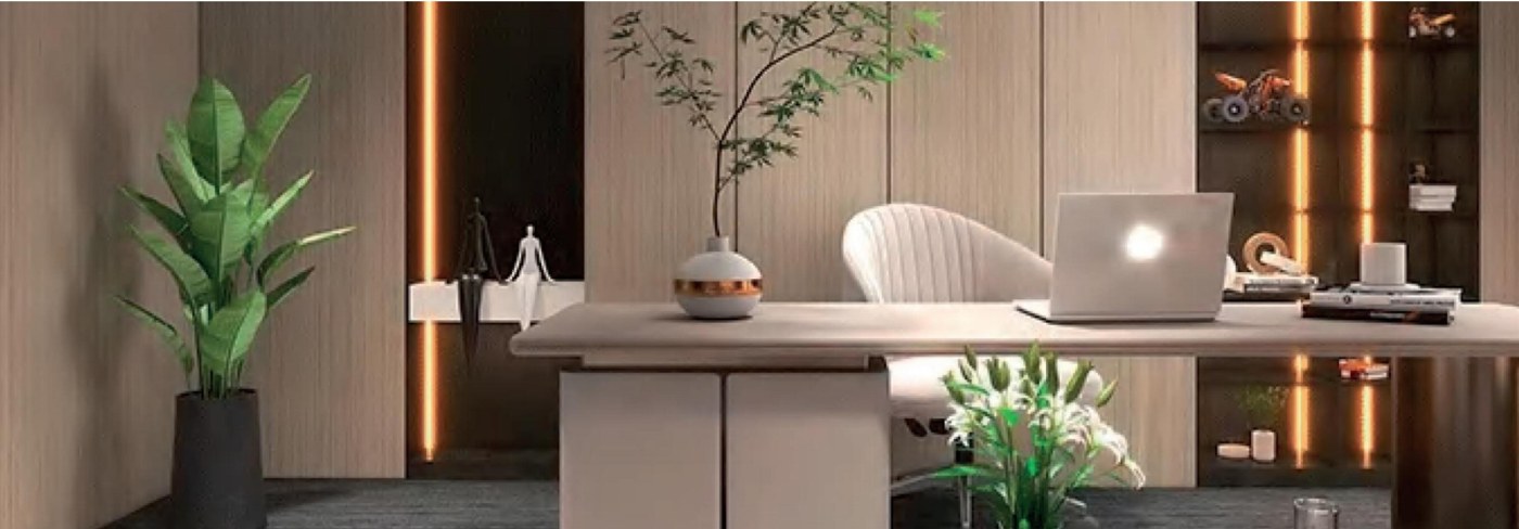 Wall cladding in a furnished office from the supplied catalogue