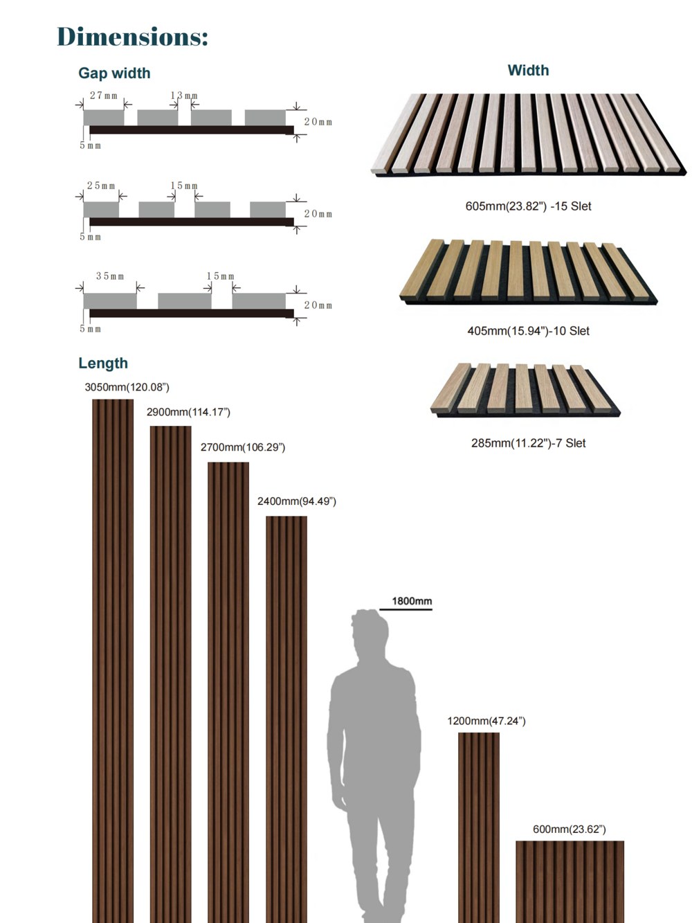 Acoustic slat panel construction and dimensional drawings from the product catalogue
